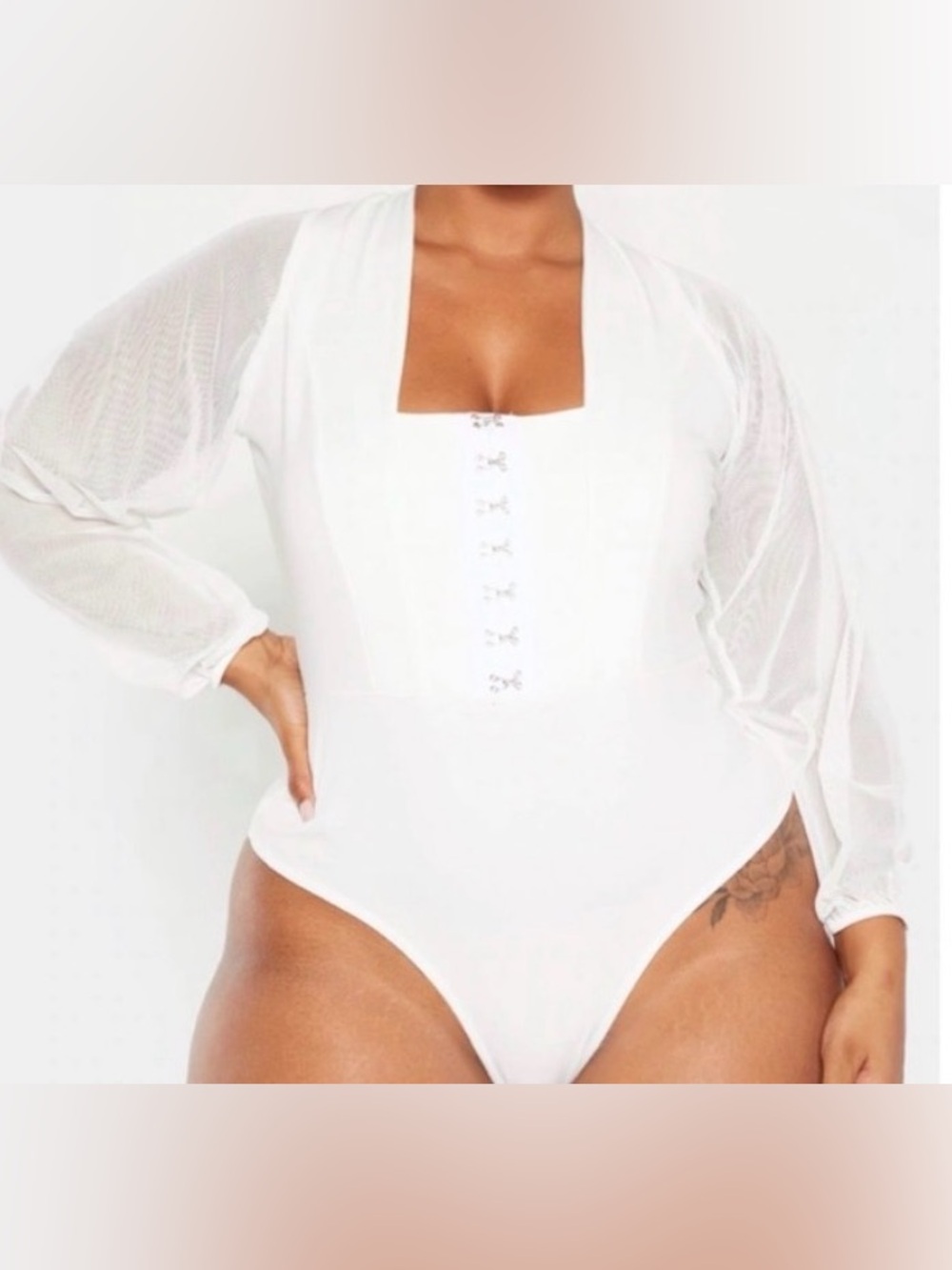 White Square Neck Long Sleeve Bodysuit